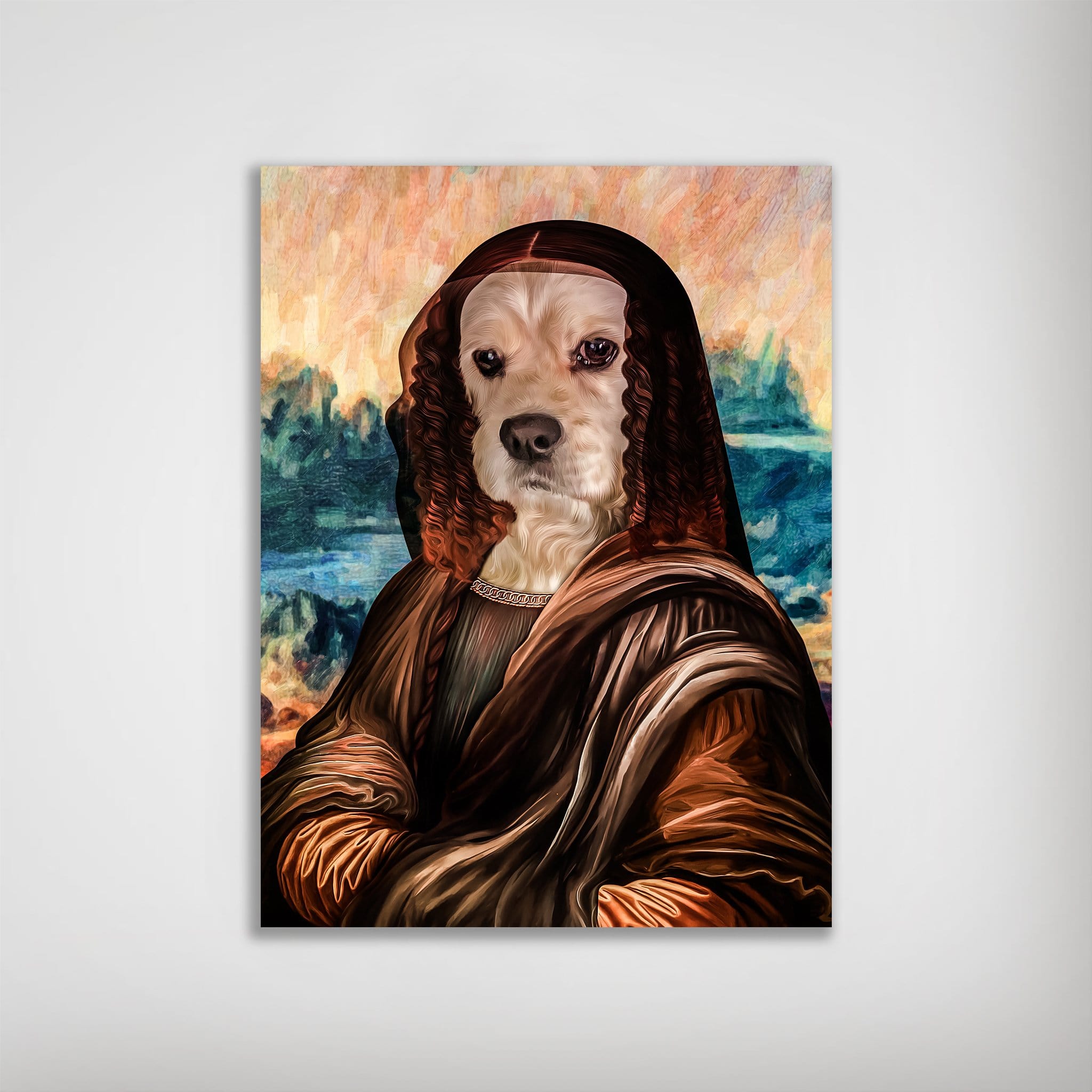 Personalized 'Dogga Lisa' poster featuring a cream-colored dog's face on a classic portrait, matte finish.