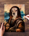 Personalized Dogga Lisa renaissance pet portrait puzzle with a white dog's face, partially assembled on wood.
