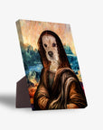 Personalized 'Dogga Lisa' standing canvas featuring a dog's head on the Mona Lisa portrait, with a sturdy back stand.
