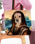 Personalized Dogga Lisa renaissance portrait tote bag featuring a cream-colored dog.
