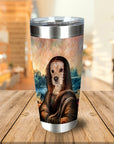 Personalized stainless steel tumbler featuring a dog in a Renaissance-style Mona Lisa portrait.
