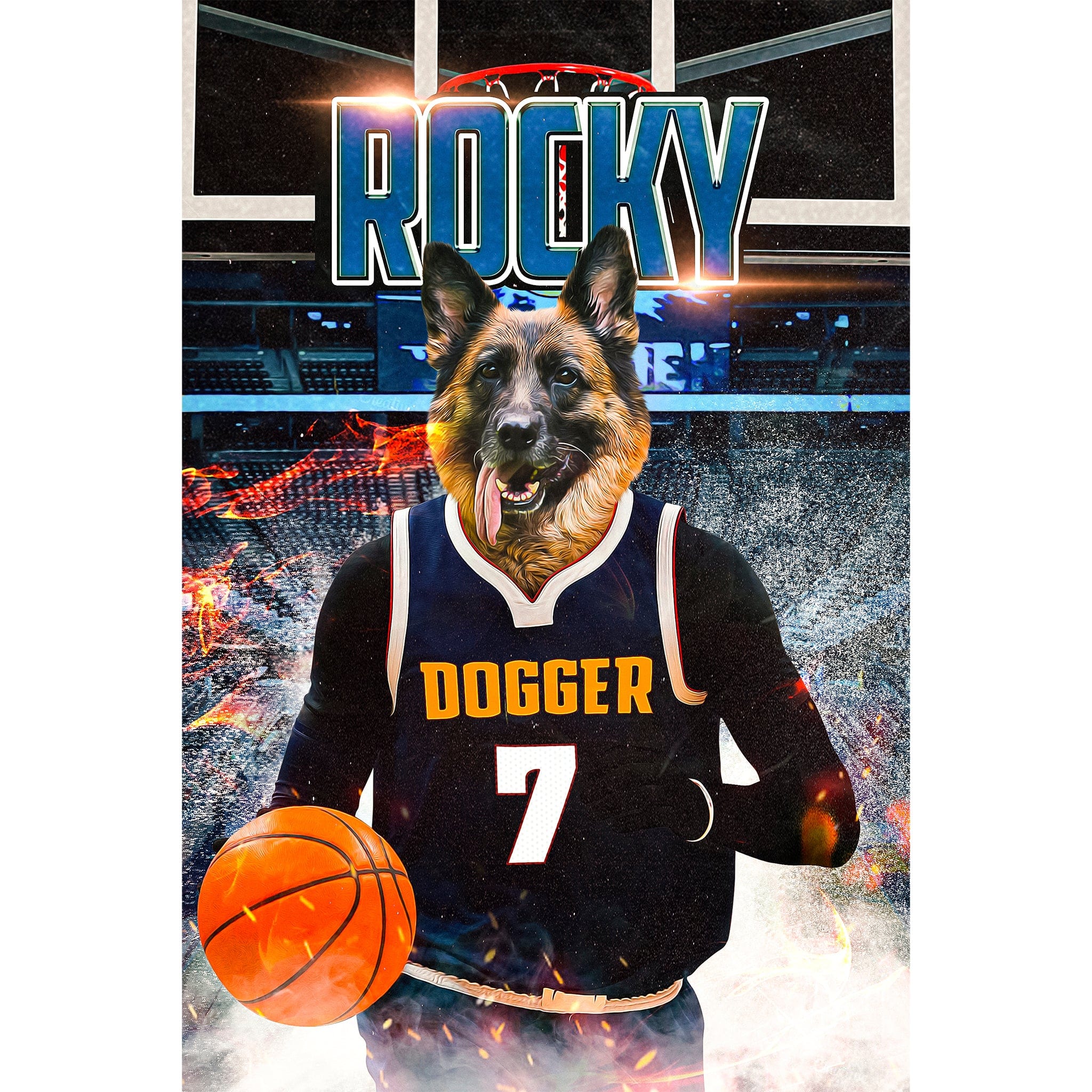 Personalized digital portrait of a German Shepherd dog in a "Dogger Nuggets" basketball jersey with a ball.