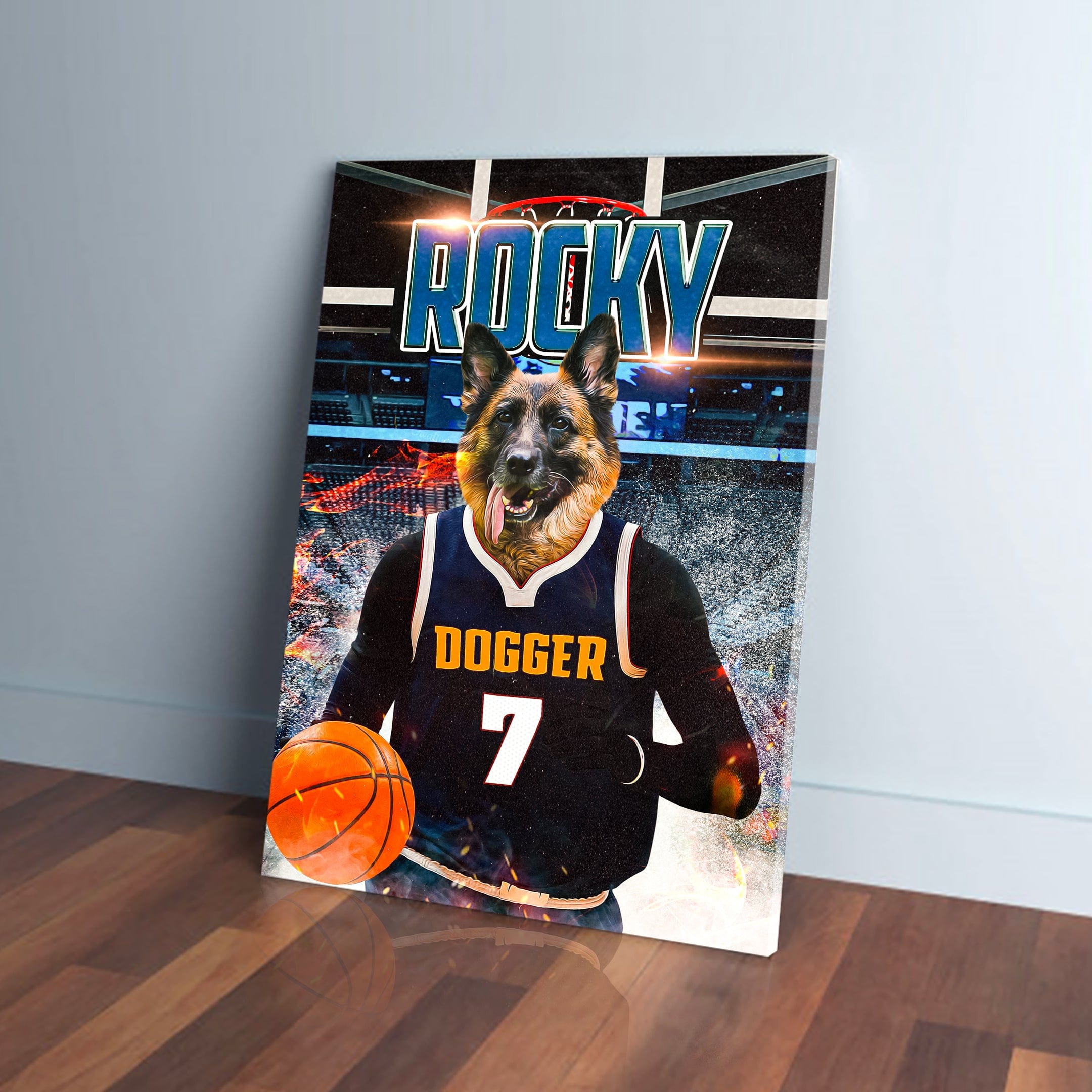 Personalized pet canvas featuring a German Shepherd in a black basketball jersey with "DOGGER 7" and a basketball.