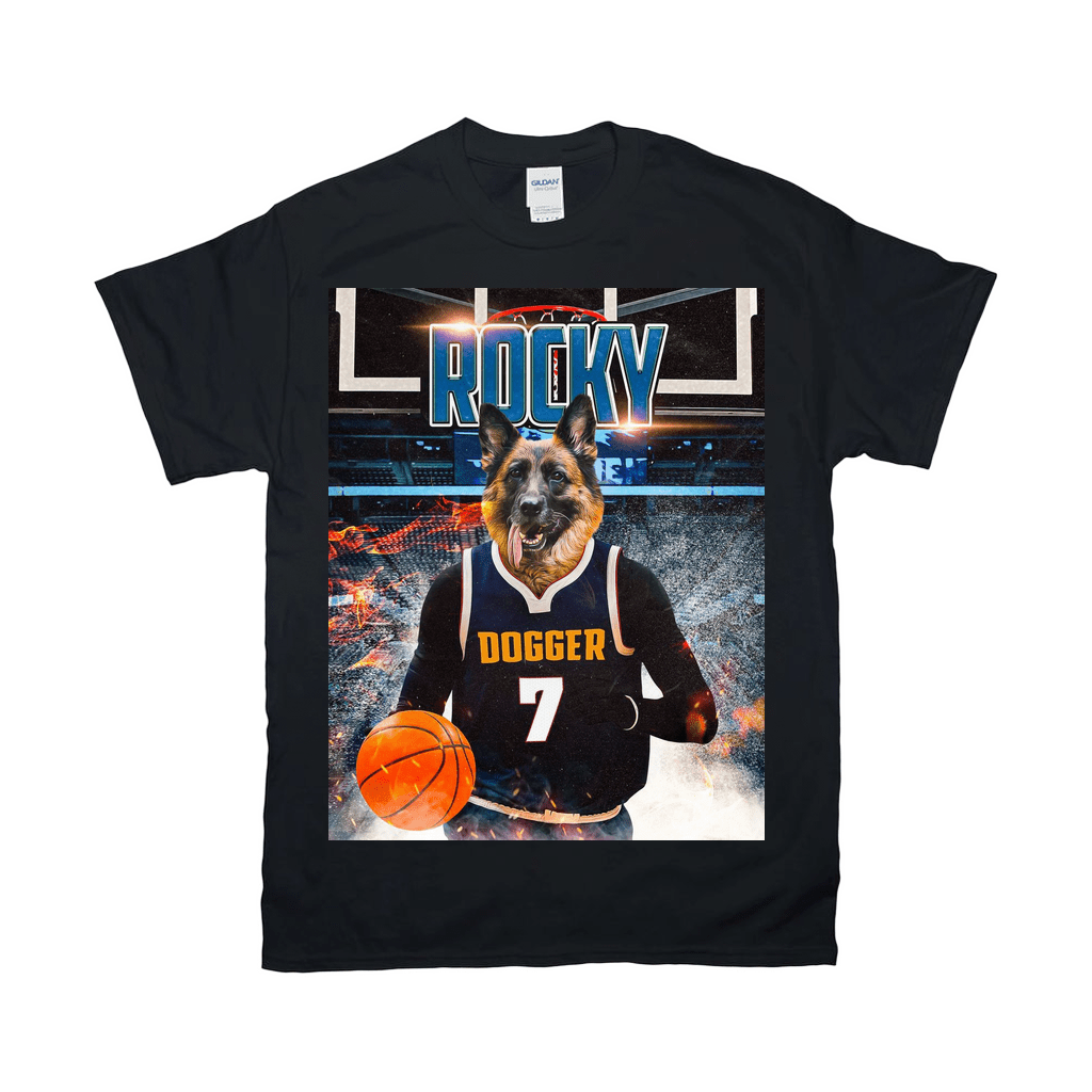 Black Gildan t-shirt with a German Shepherd in a basketball jersey holding a ball, "ROCKY" and "DOGGER 7" text.