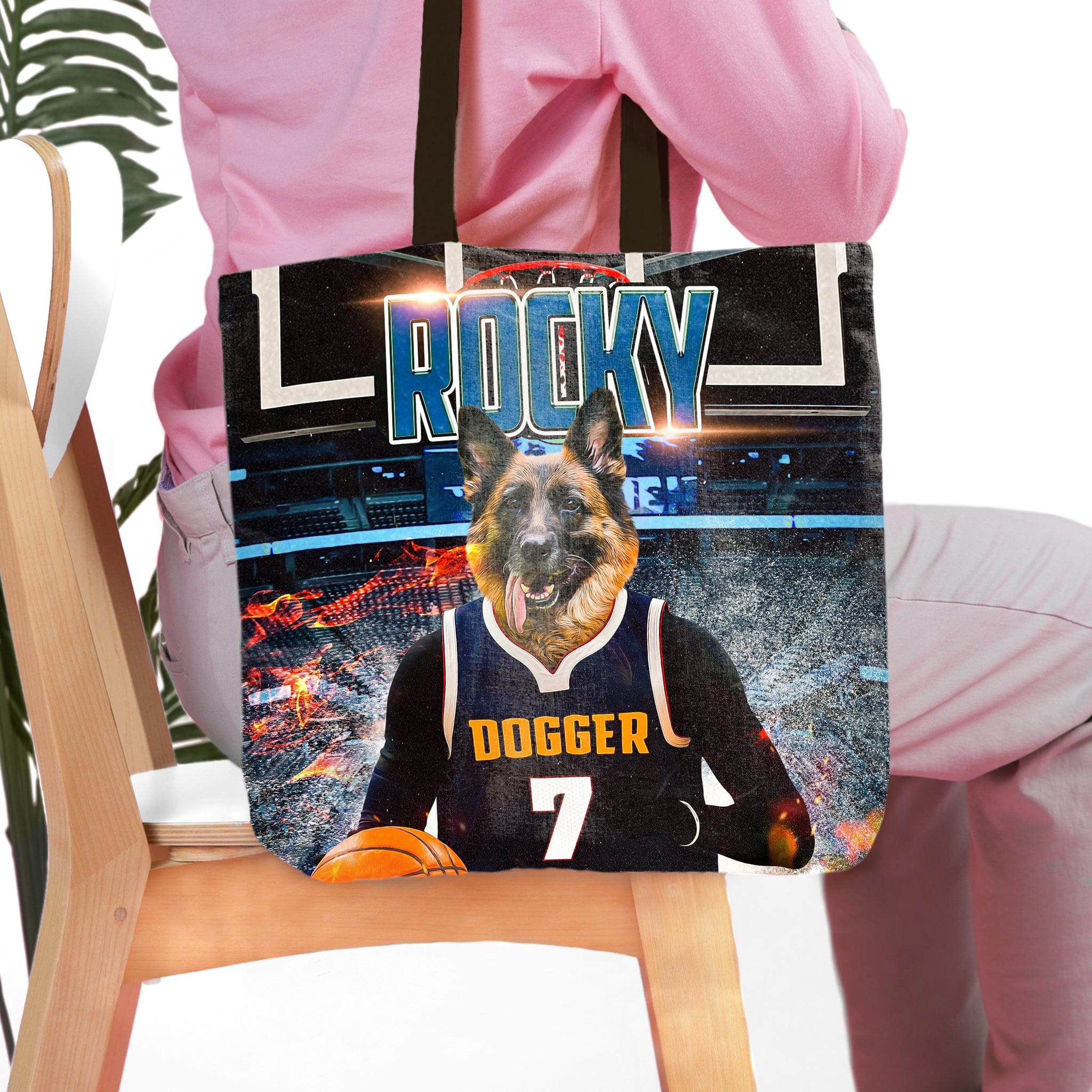 Personalized black tote bag with a German Shepherd dog portrait in a basketball uniform.