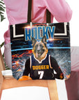 Personalized black tote bag with a German Shepherd dog portrait in a basketball uniform.