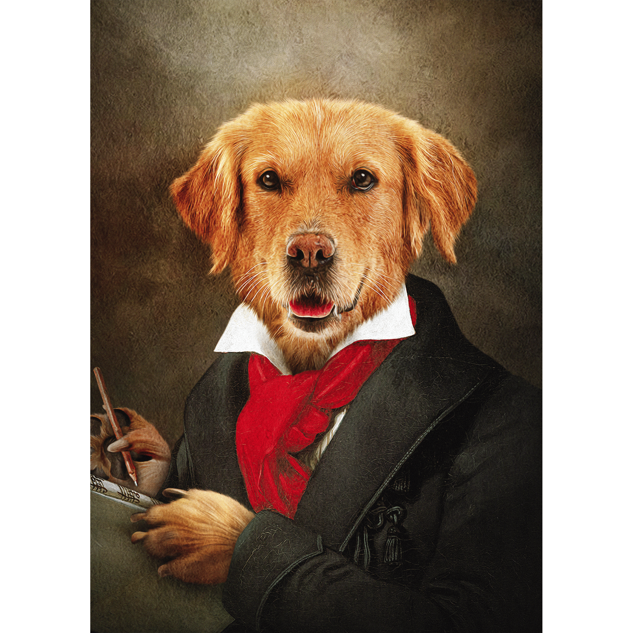 Custom digital portrait of a golden retriever dog in a black renaissance suit with a red cravat.