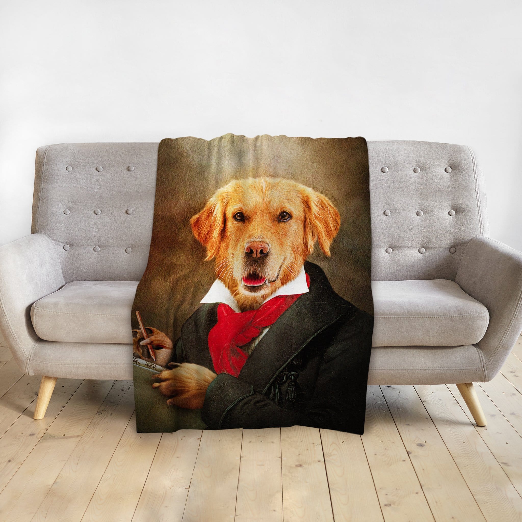 Custom personalized pet blanket featuring a Golden Retriever in a Dogghoven renaissance portrait style.