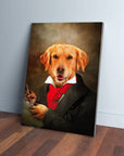 Golden Retriever pet portrait canvas, "Dogghoven" style, in a black coat and red cravat, leaning on a wall.