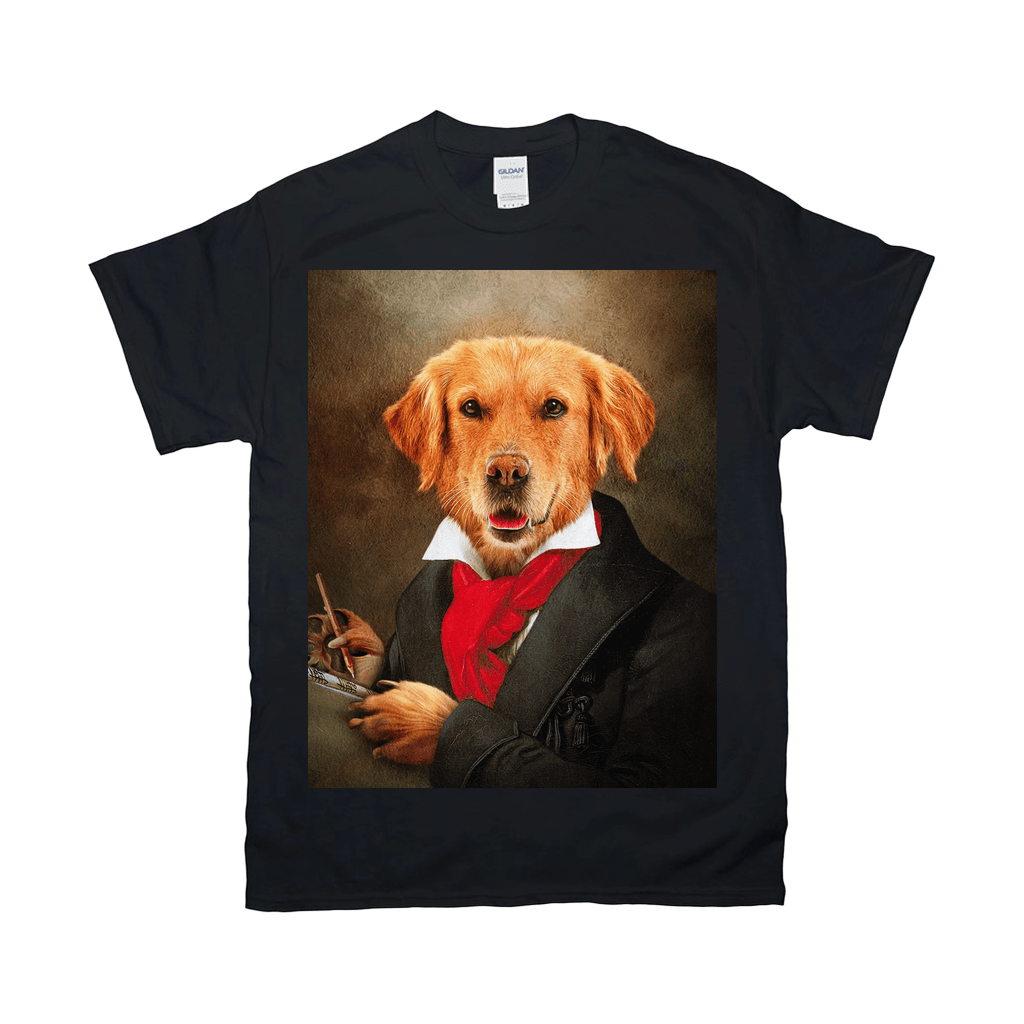 Black Gildan t-shirt with a personalized golden retriever "Dogghoven" portrait, wearing a suit and red cravat.