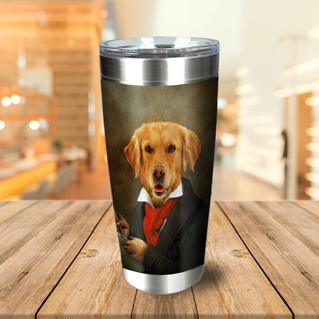 Personalized stainless steel tumbler with a custom renaissance portrait of a golden retriever in a black suit.
