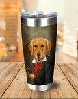 Personalized stainless steel tumbler with a custom renaissance portrait of a golden retriever in a black suit.