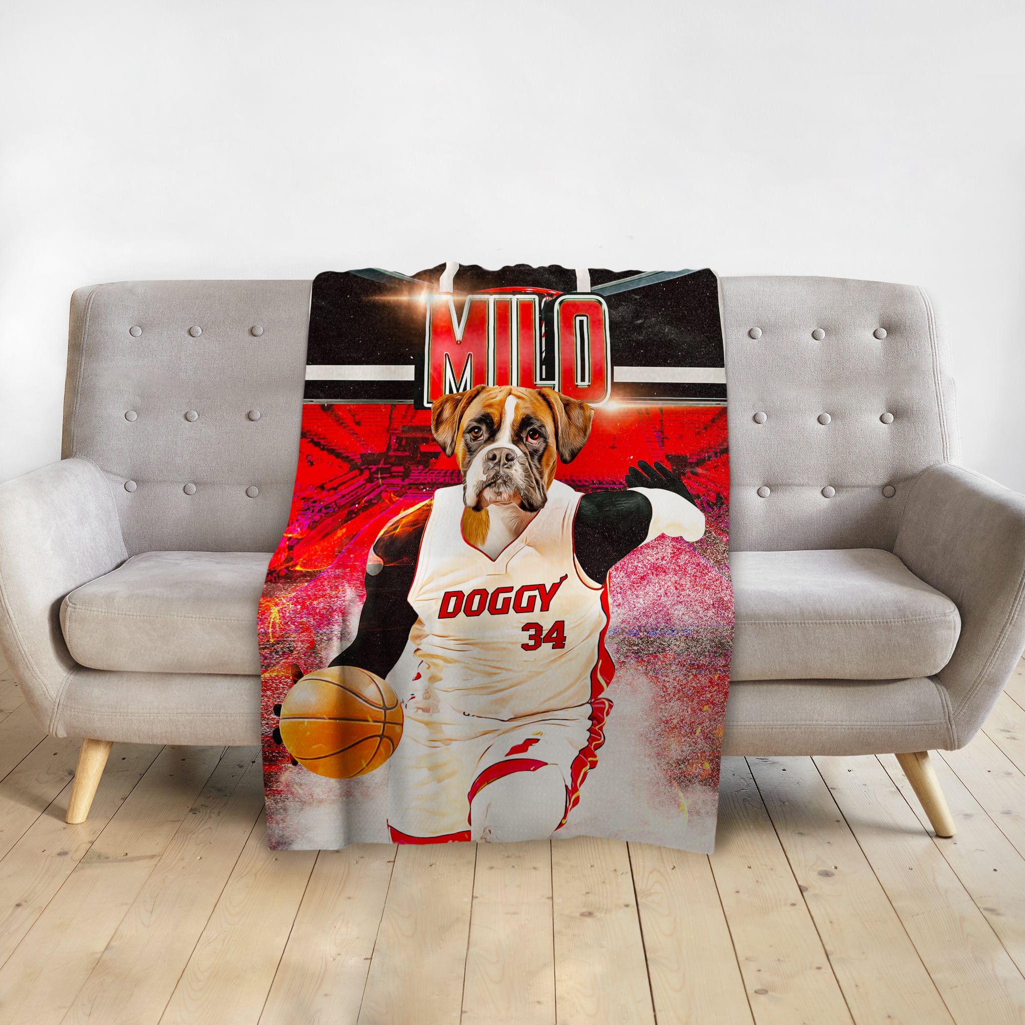 Personalized pet blanket with a boxer dog in a basketball uniform, "DOGGY 34" and "MILO" text.
