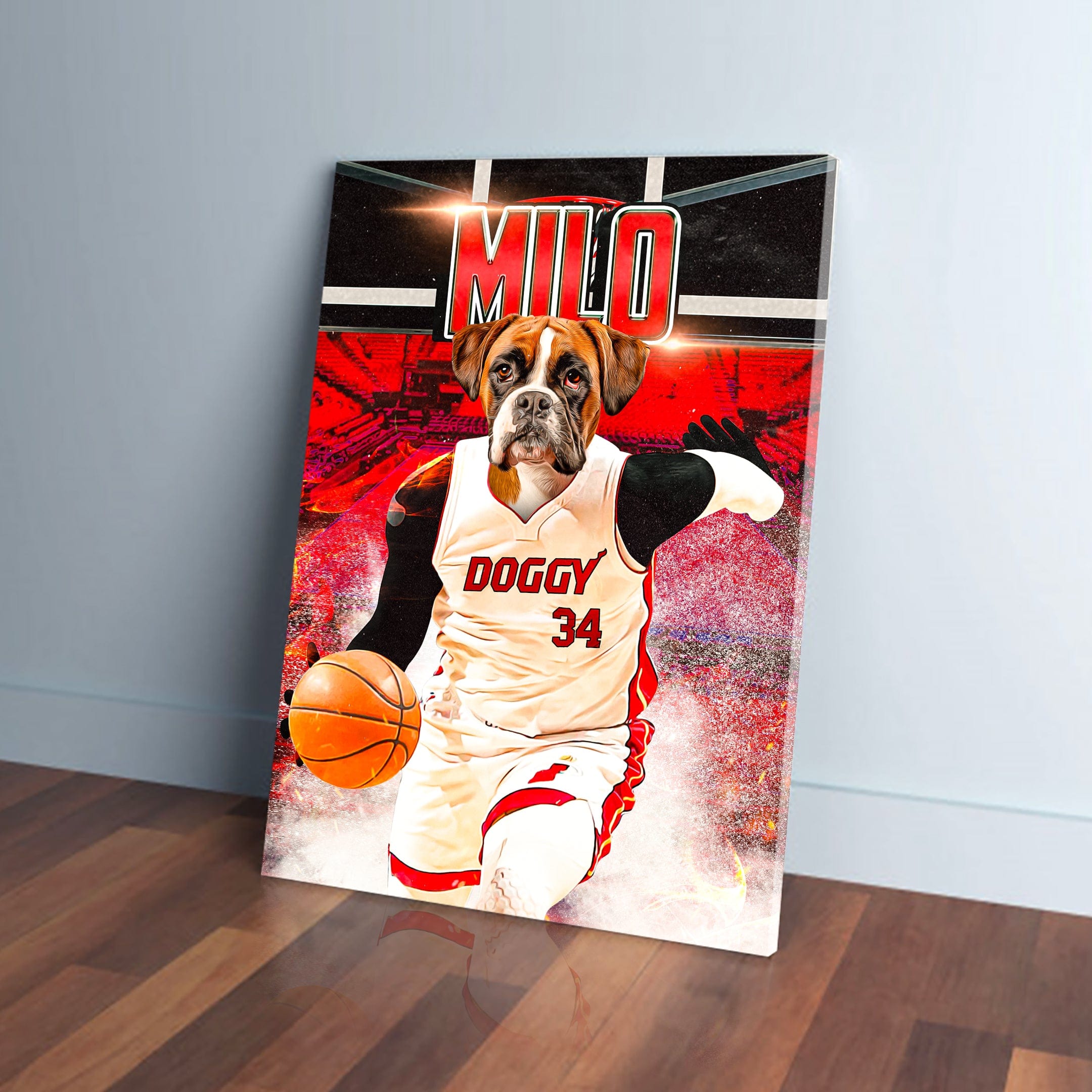 Personalized 'Doggo Heat' canvas featuring a boxer dog in a white basketball jersey, dribbling.