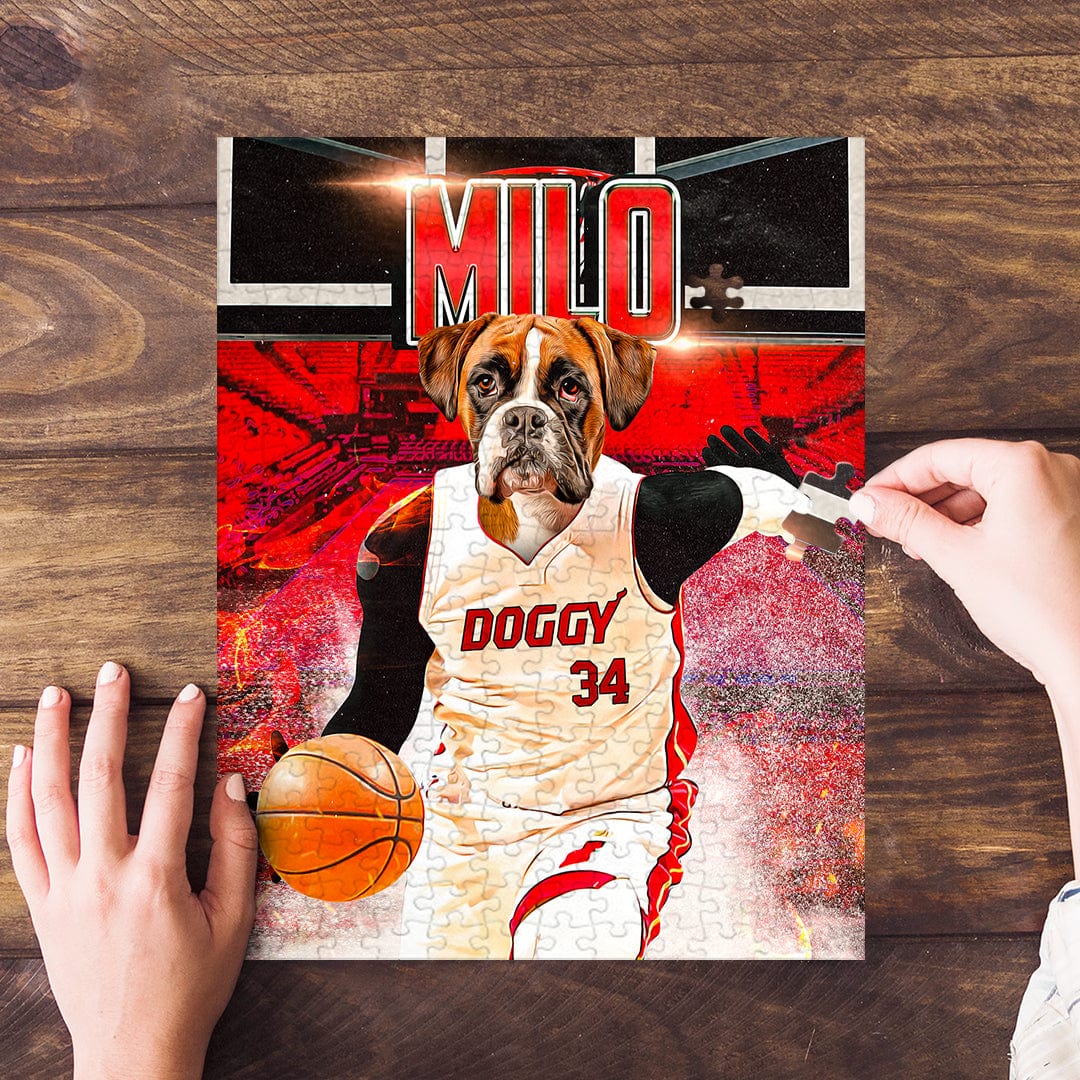 Personalized pet puzzle featuring a boxer dog in a basketball uniform, named MILO.