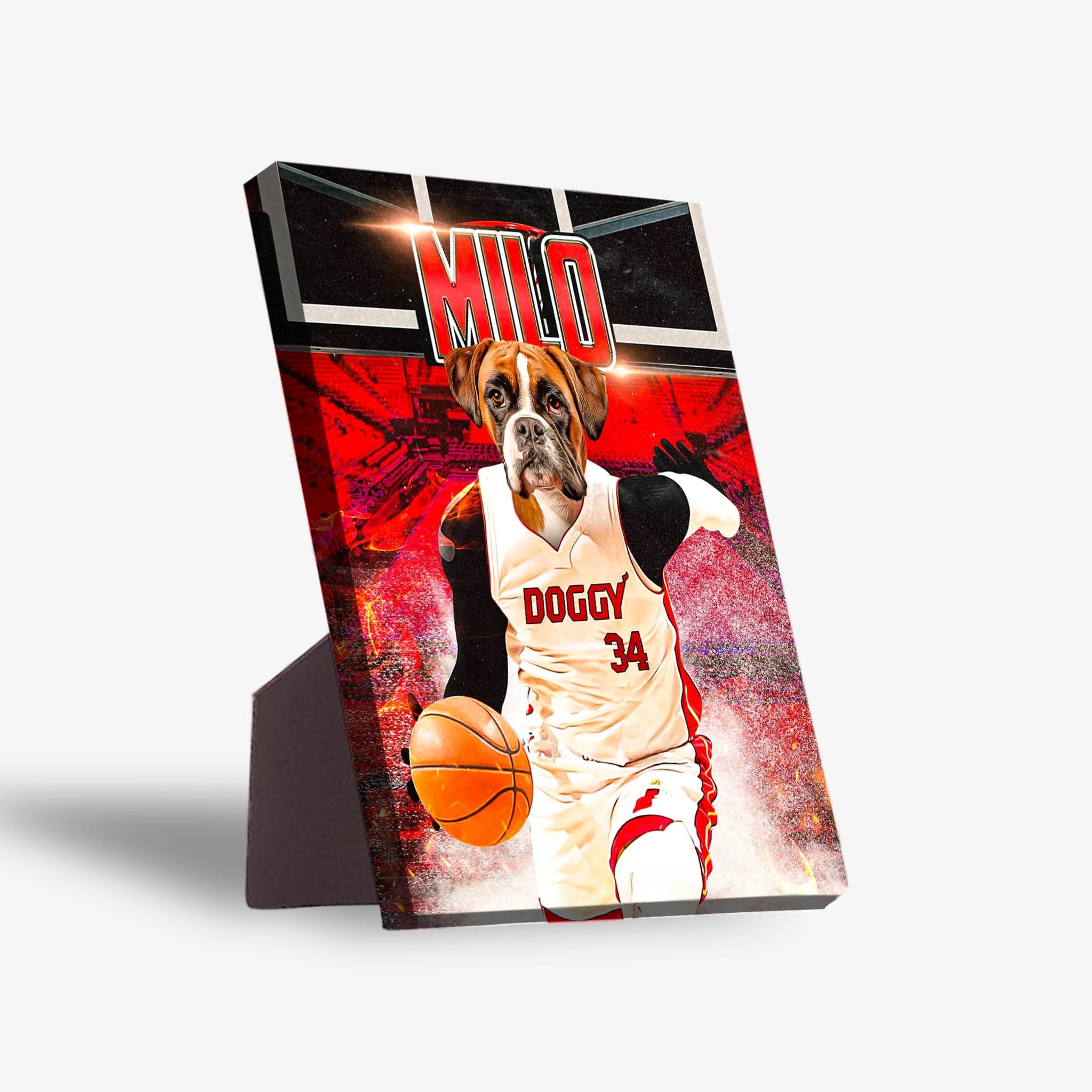 Personalized 'Doggo Heat' standing canvas featuring a boxer dog in a basketball jersey with a red court background.