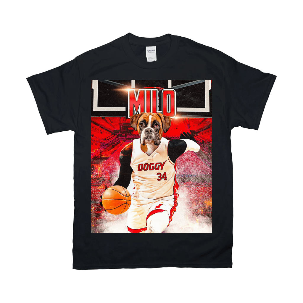 Black Gildan t-shirt with a boxer dog's head on a basketball player's body, dribbling a ball.
