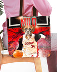 Personalized tote bag with a custom boxer dog pet portrait in a basketball uniform.