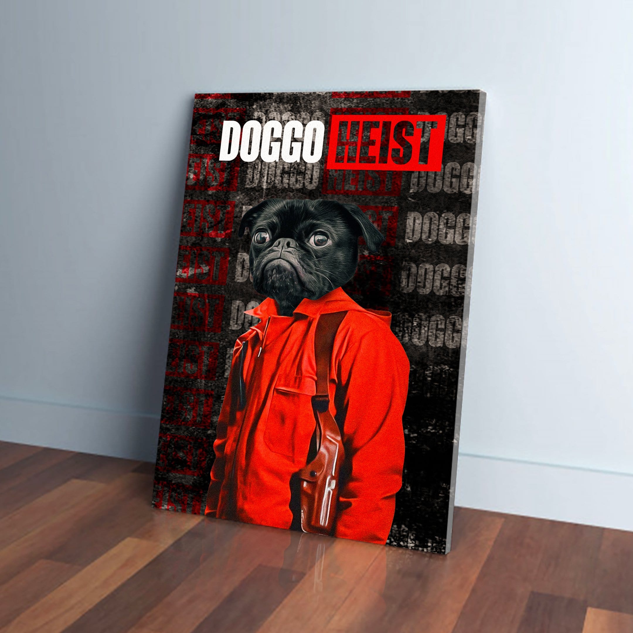 Personalized "Doggo Heist 2" canvas featuring a black pug in a red jumpsuit with a holster.