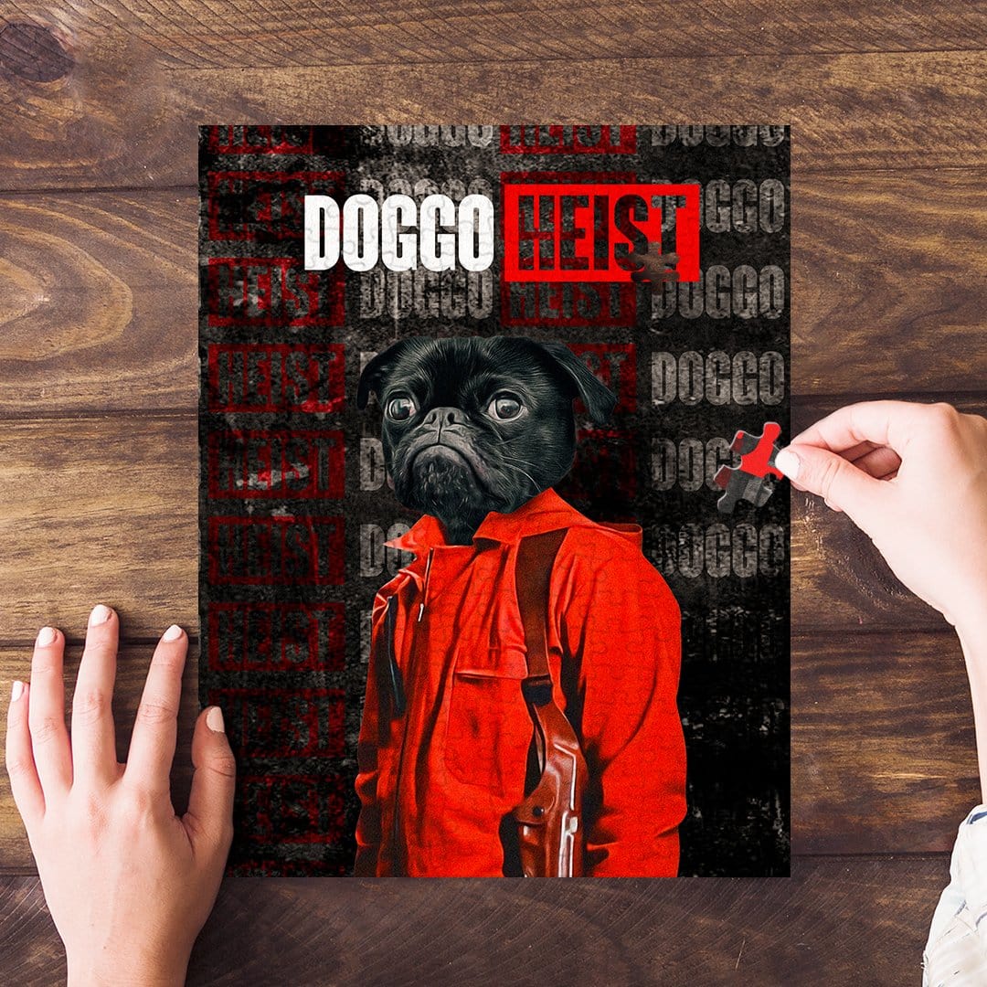 Personalized pet puzzle featuring a black pug in a red hoodie, styled as "Doggo Heist.