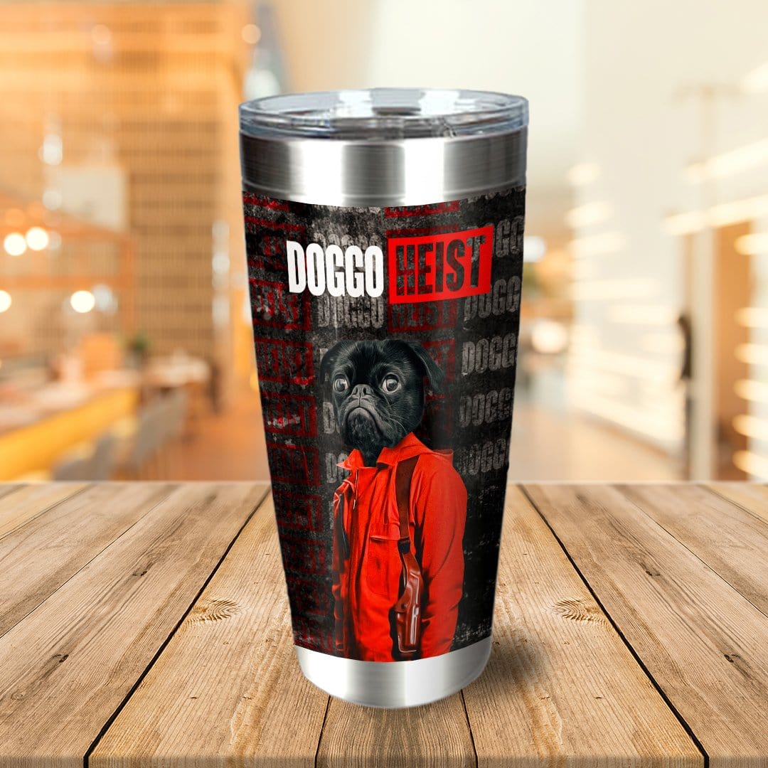 Personalized stainless steel tumbler with a black pug in a red jumpsuit, "Doggo Heist" design.