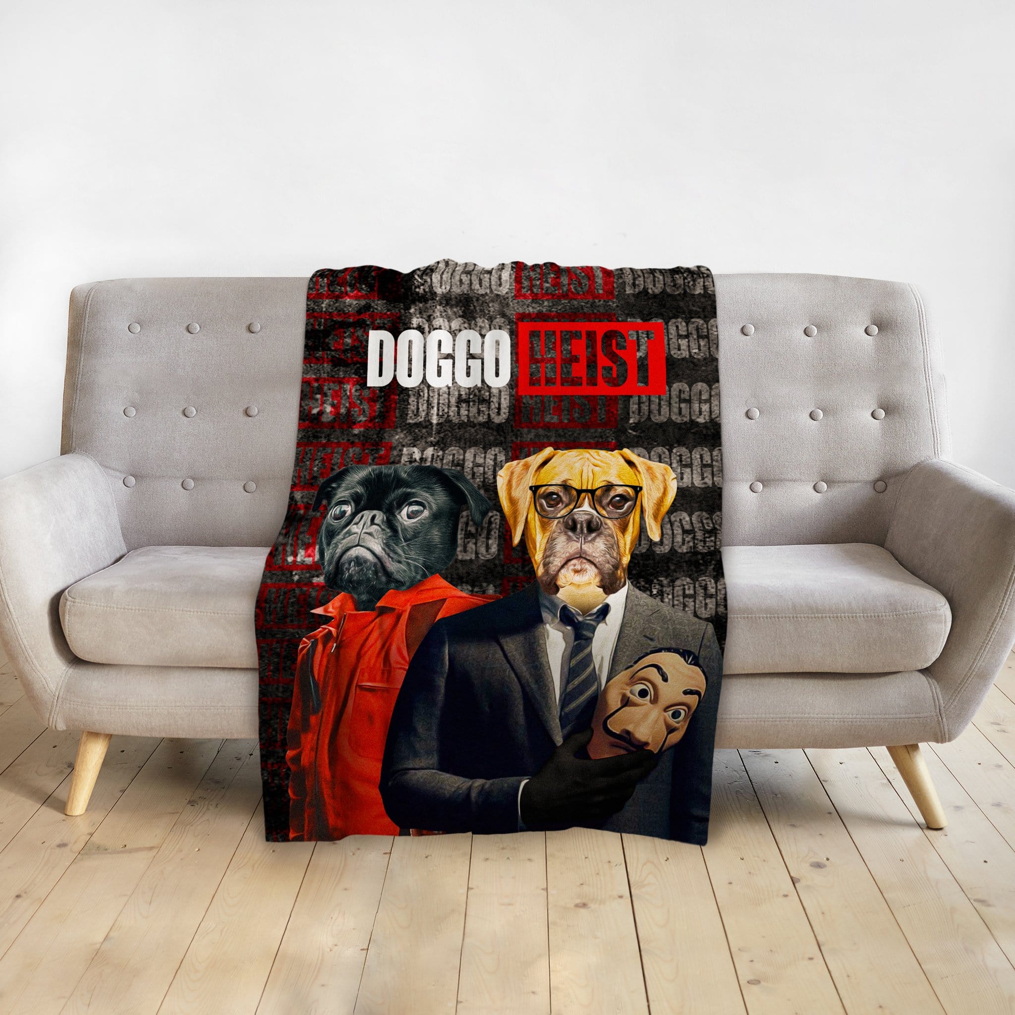 Personalized 'Doggo Heist' pet blanket featuring a pug in an orange jumpsuit and a boxer in a suit.