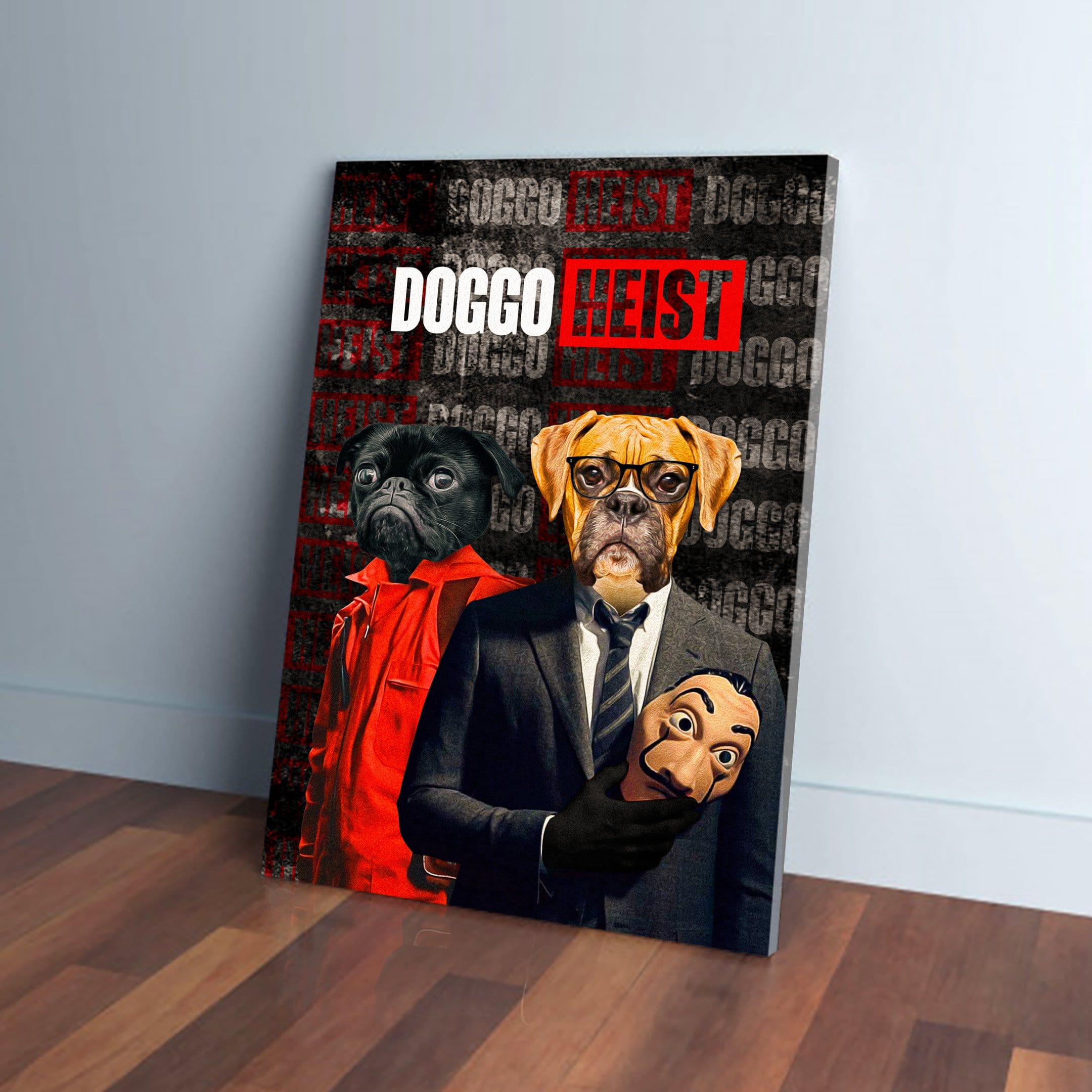 Personalized "Doggo Heist" canvas featuring two pets dressed as characters, one in red, one in a suit.