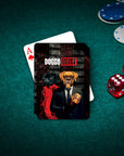 Personalized "Doggo Heist" playing cards featuring two custom pet portraits in a movie poster style.