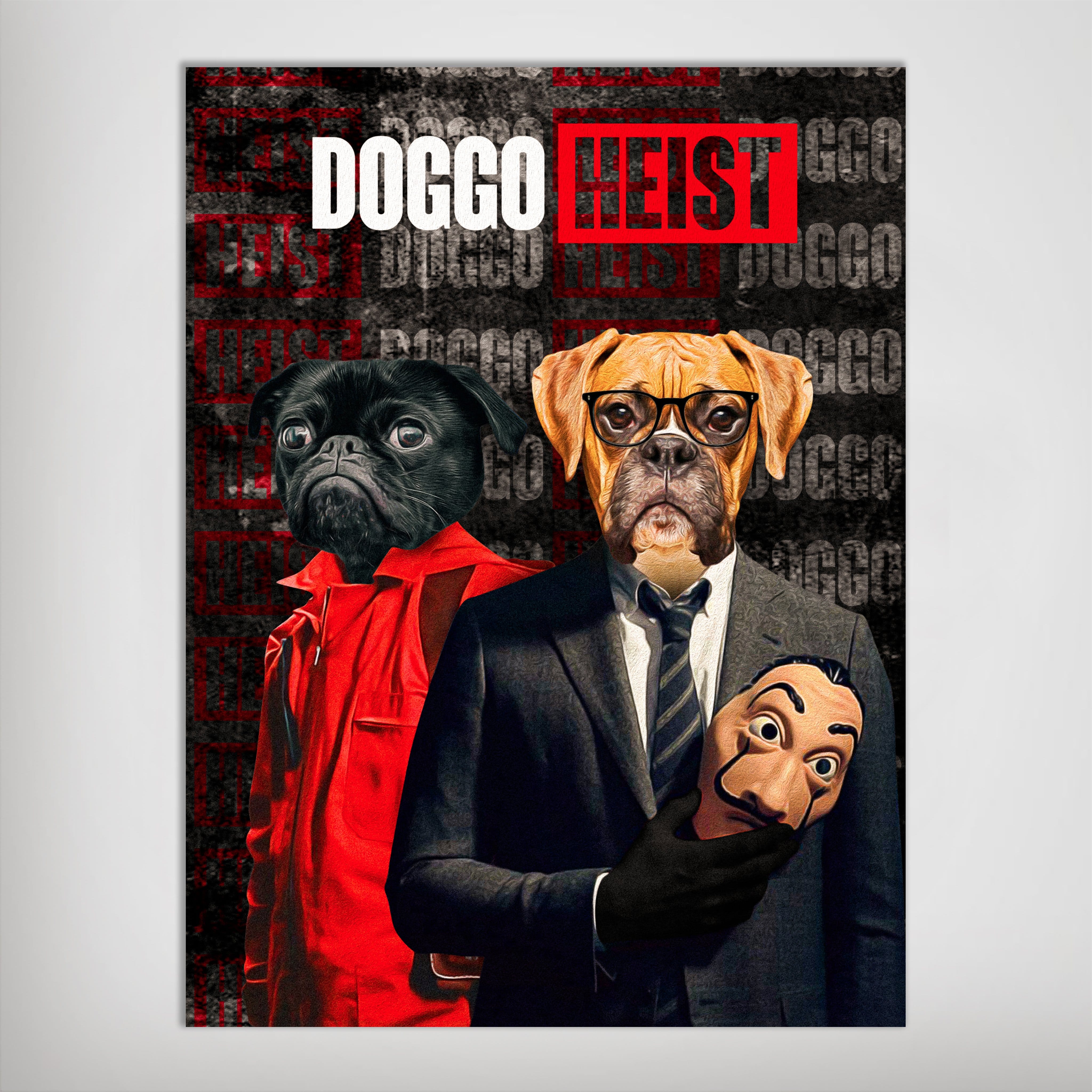 Personalized 'Doggo Heist' poster featuring two pets as characters in a red jumpsuit and a suit.