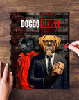 Personalized 'Doggo Heist' 2 pet puzzle featuring a pug and a boxer in suits, with a hand holding a puzzle piece.