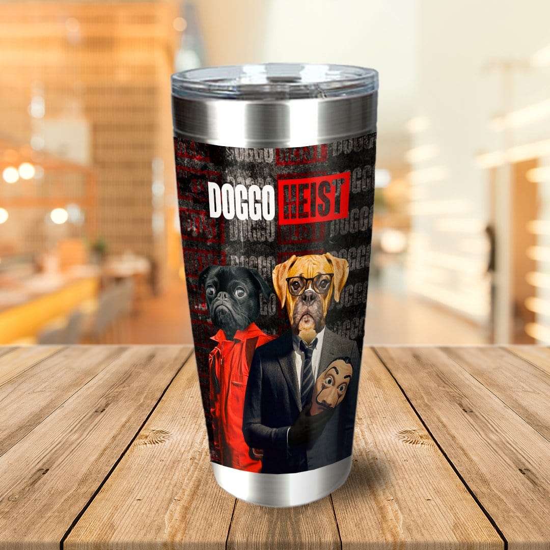 Personalized stainless steel tumbler with two custom pet portraits in a "Doggo Heist" style.