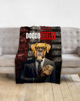 Personalized pet blanket with a boxer dog in a suit holding a mask, "Doggo Heist" text.