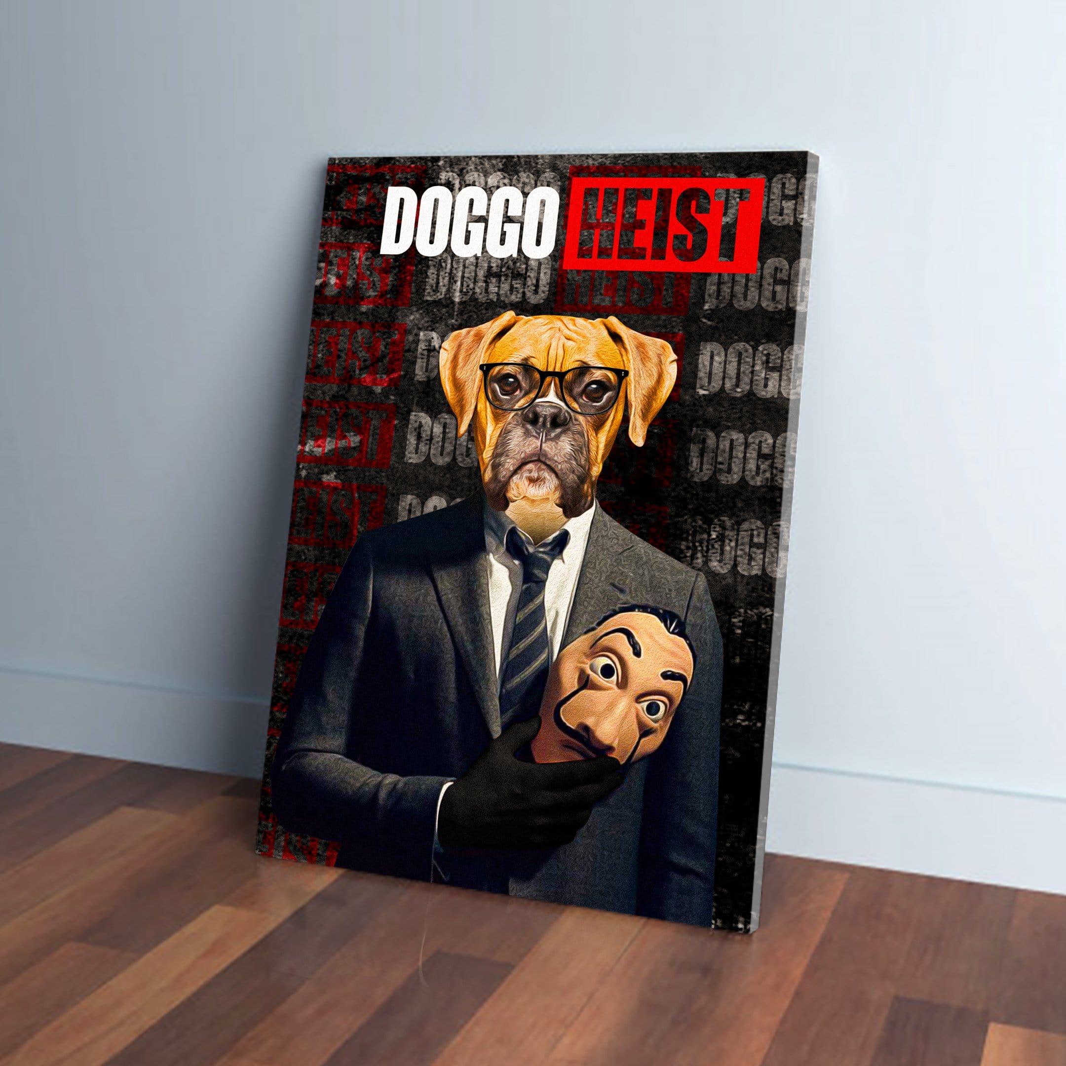 Personalized 'Doggo Heist' canvas featuring a boxer dog in a suit holding a Salvador Dalí mask.