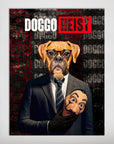 Personalized "Doggo Heist" poster featuring a boxer dog in a suit holding a Dali mask.