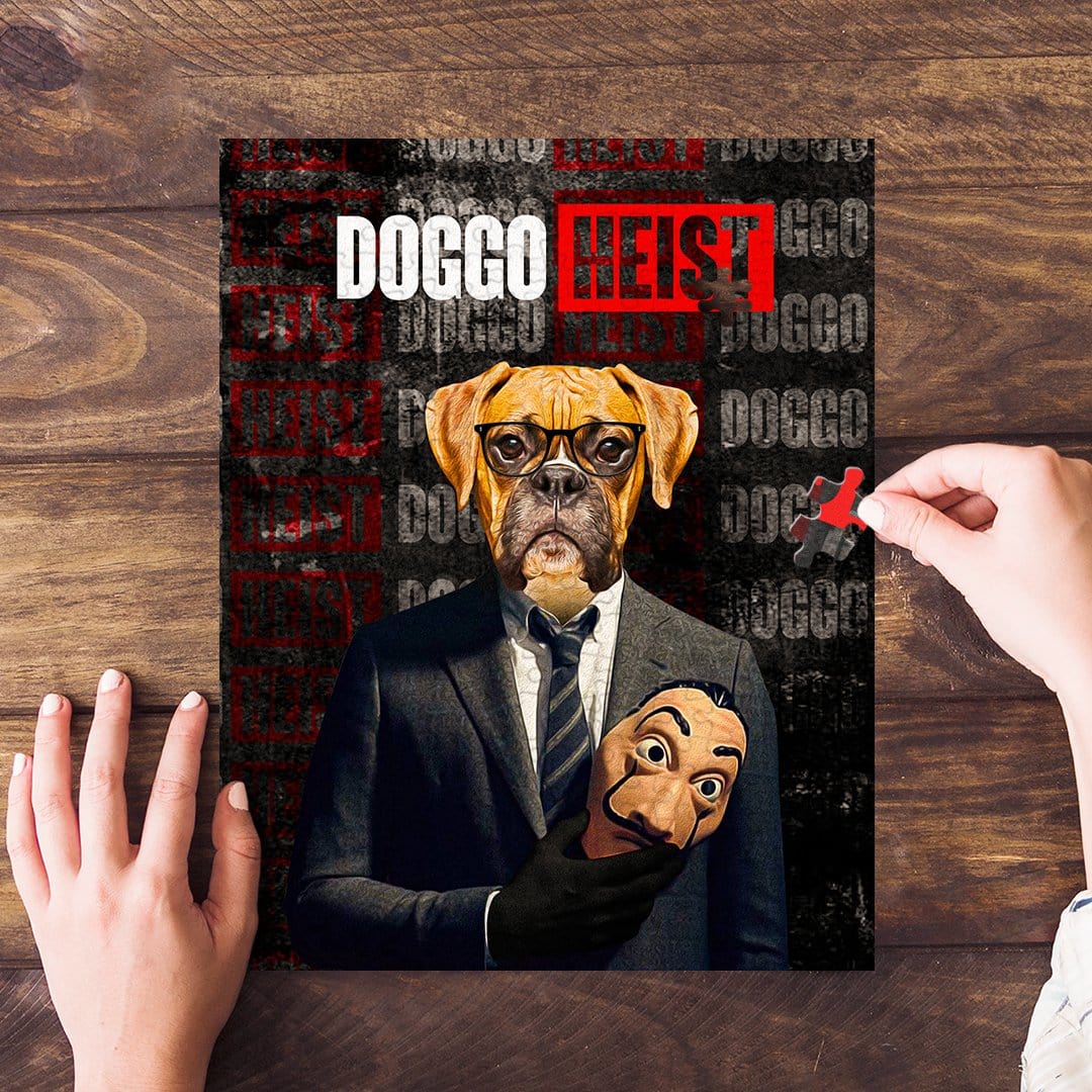 Personalized "Doggo Heist" pet puzzle featuring a custom dog portrait in a suit holding a mask.
