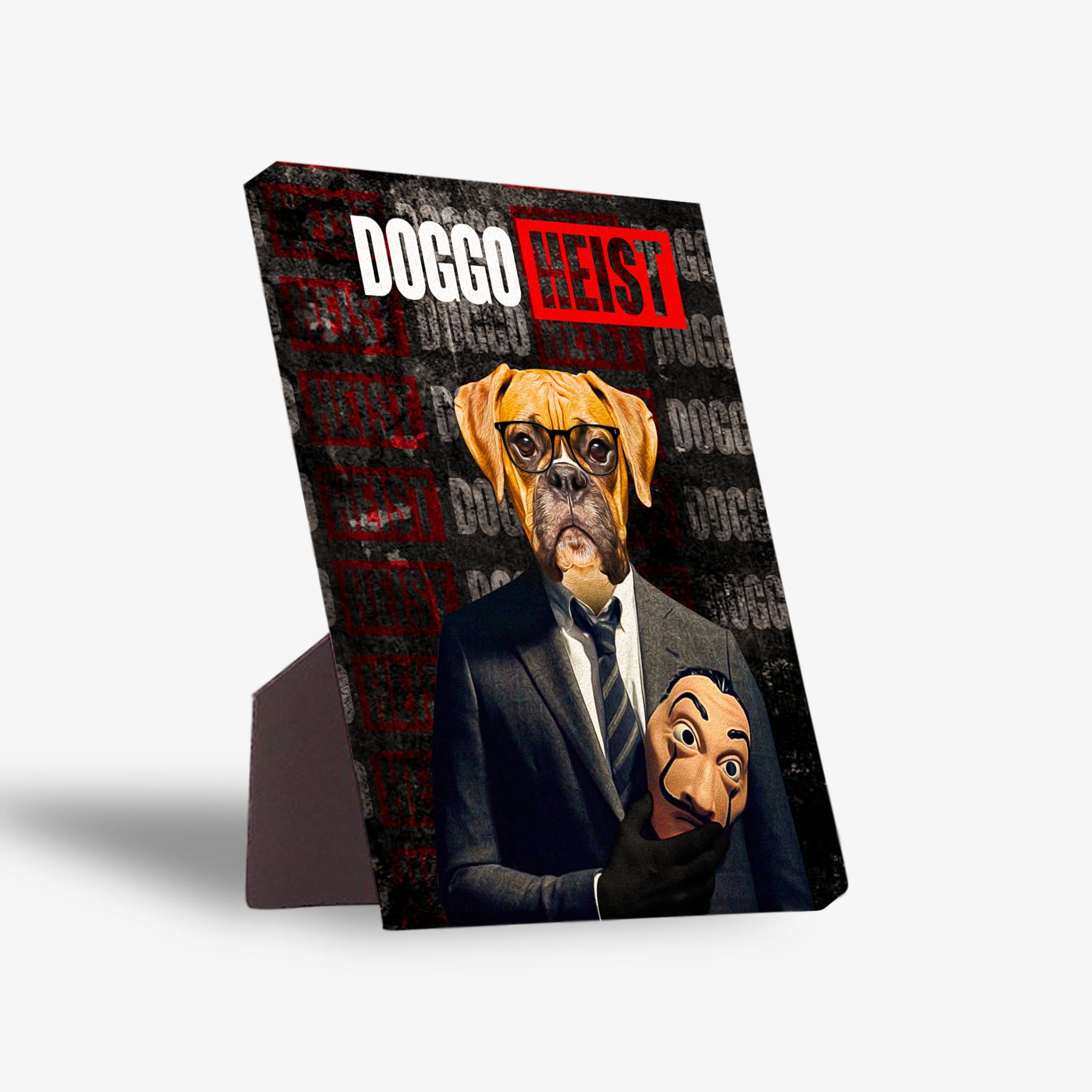 Personalized 'Doggo Heist' standing canvas featuring a boxer dog in a suit holding a mask.