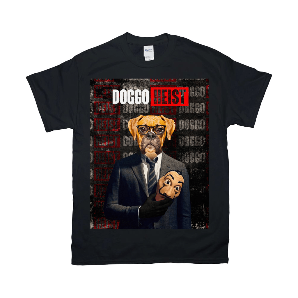 Black Gildan t-shirt with "Doggo Heist" design featuring a boxer dog in a suit holding a Dali mask.