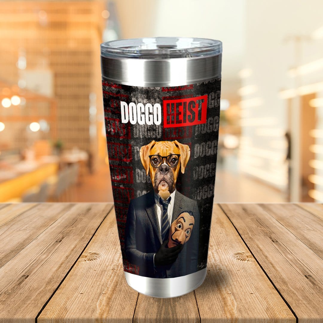 Personalized stainless steel tumbler with a custom dog portrait in a suit holding a mask, "Doggo Heist" text.