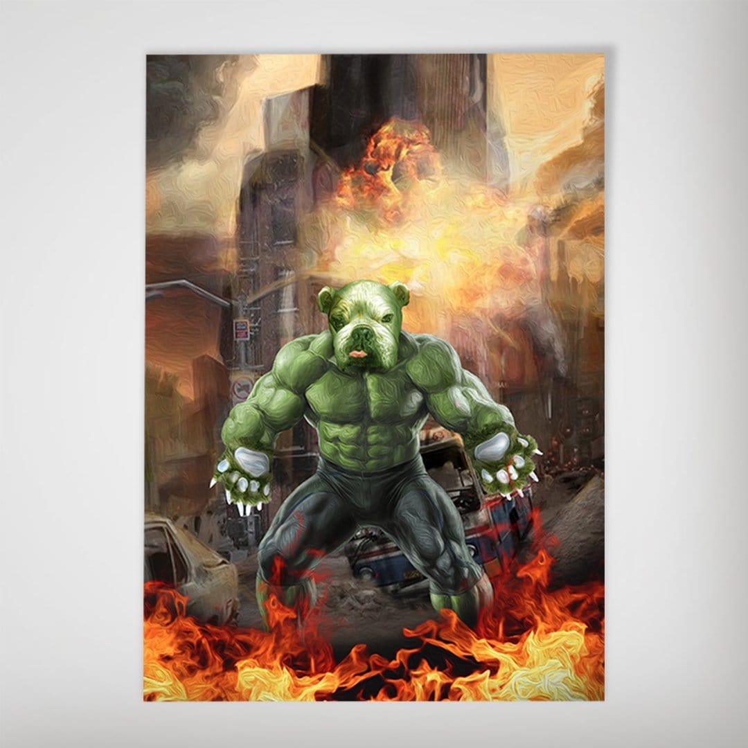 Personalized "Doggo Hulk" poster featuring a green muscular dog in a fiery, destroyed city scene.