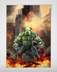Personalized "Doggo Hulk" poster featuring a green muscular dog in a fiery, destroyed city scene.