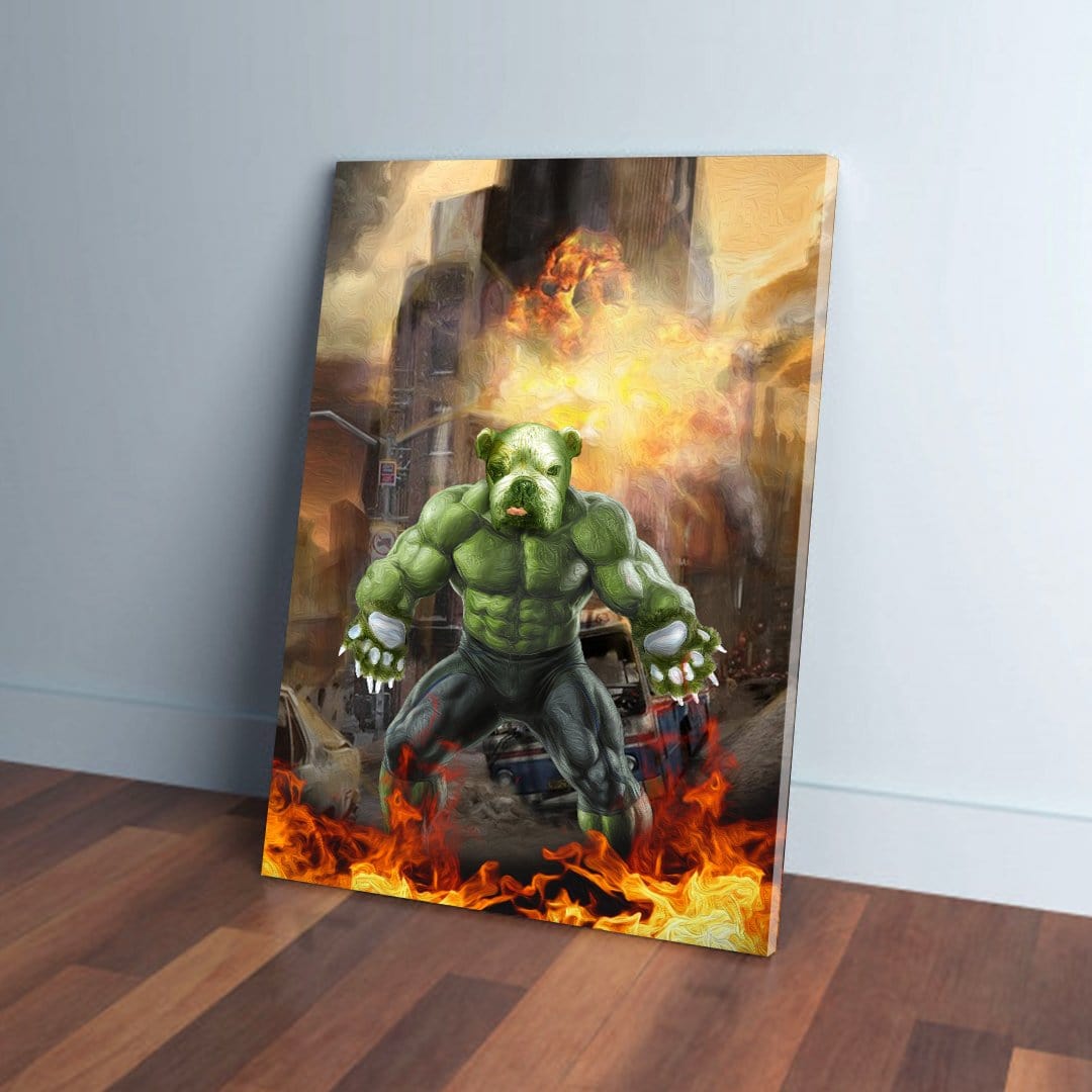 Personalized Doggo Hulk pet canvas, a green muscular dog in a fiery city scene, leaning against a wall.