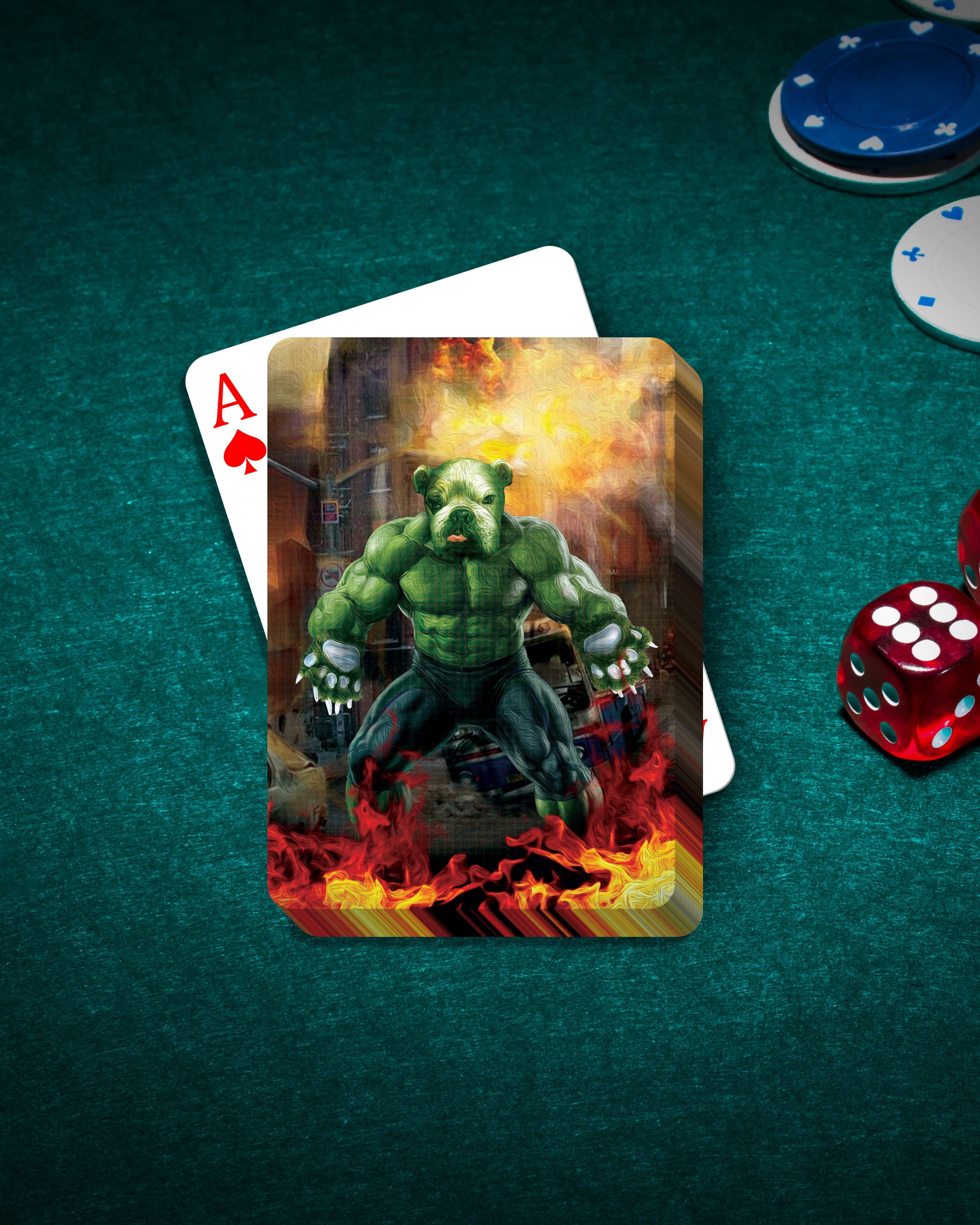 Personalized 'Doggo Hulk' playing card featuring a green, muscular dog on fire, on a green felt table.