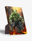 Personalized 'Doggo Hulk' pet portrait on a standing canvas, featuring a green muscular dog in flames.