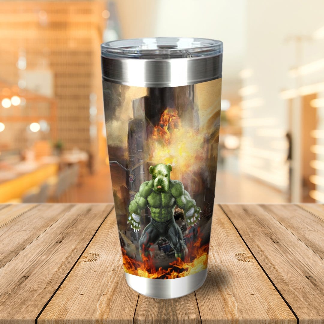 Personalized 7" stainless steel tumbler with a custom cartoon dog portrait in a green Hulk-like superhero style.