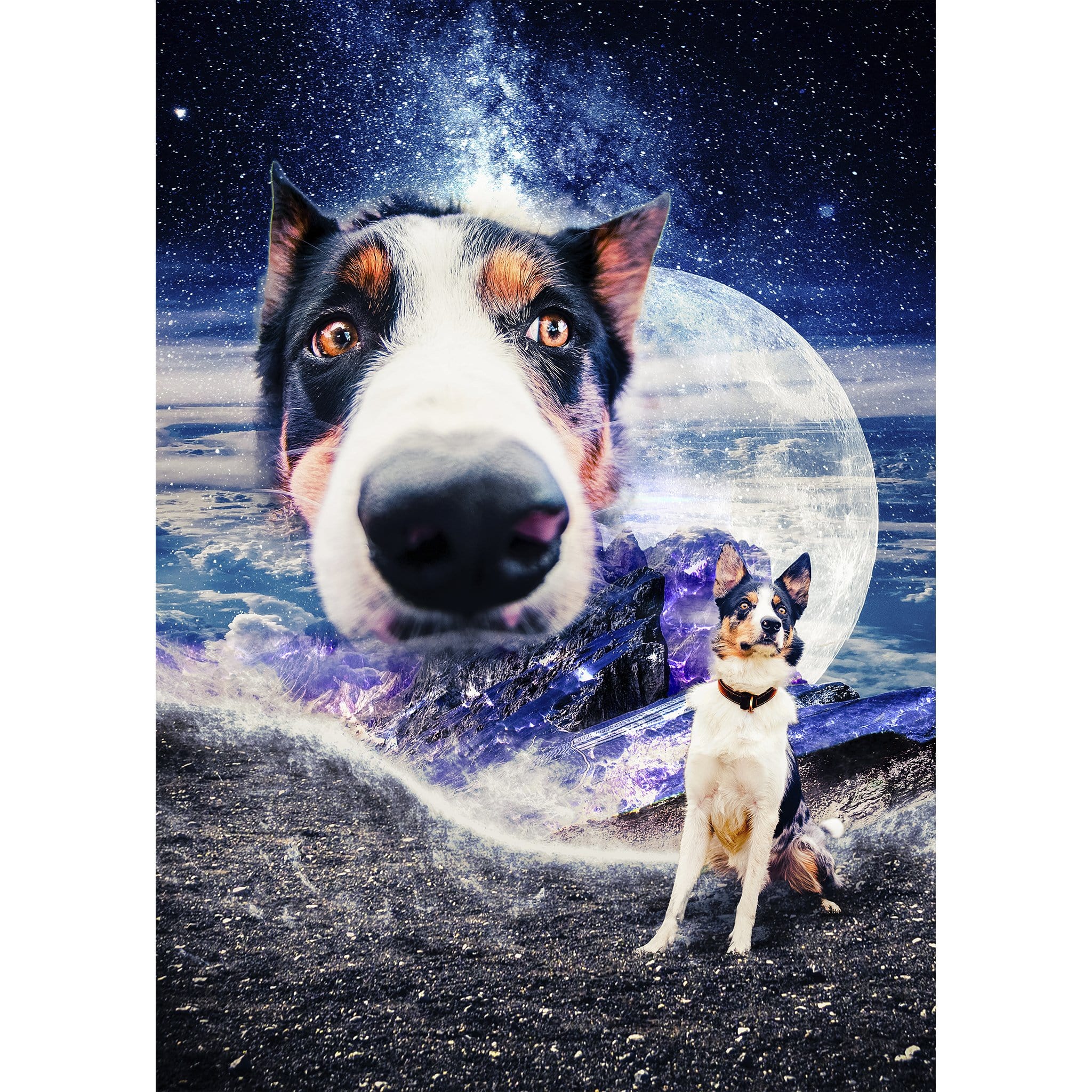 Custom digital portrait of a dog in space with a large close-up face and a full moon.