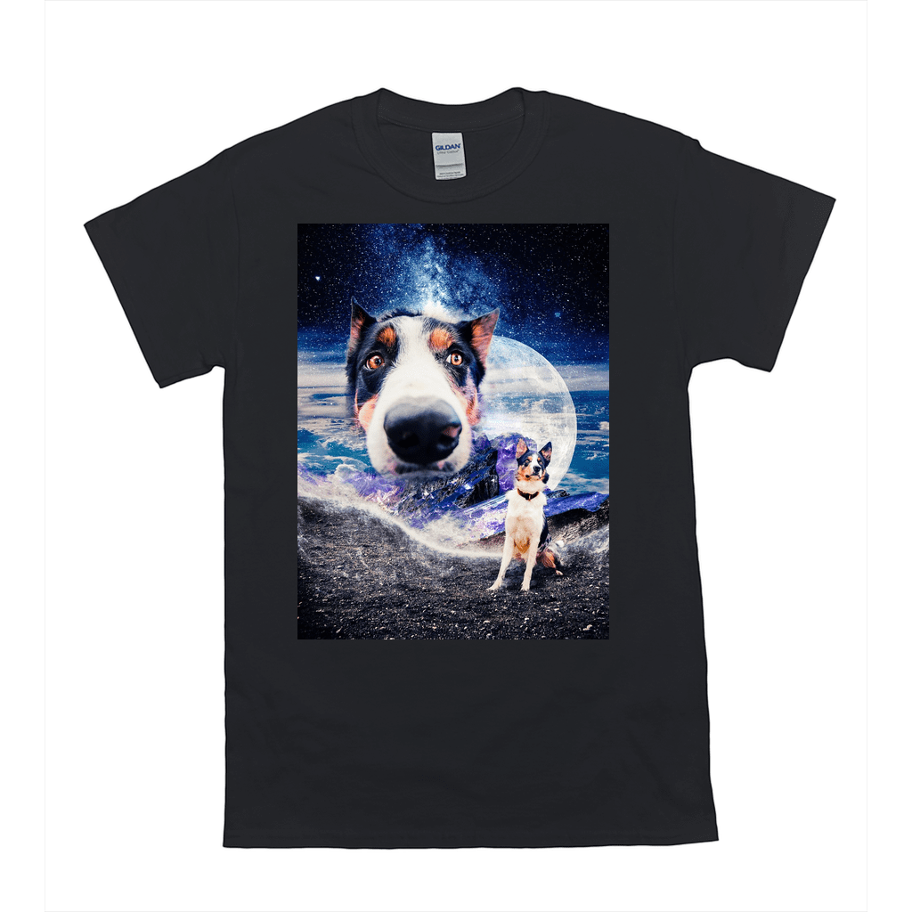 Black Gildan unisex t-shirt with a personalized "Doggo In Space" design featuring a pet's face.