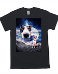 Black Gildan unisex t-shirt with a personalized "Doggo In Space" design featuring a pet's face.