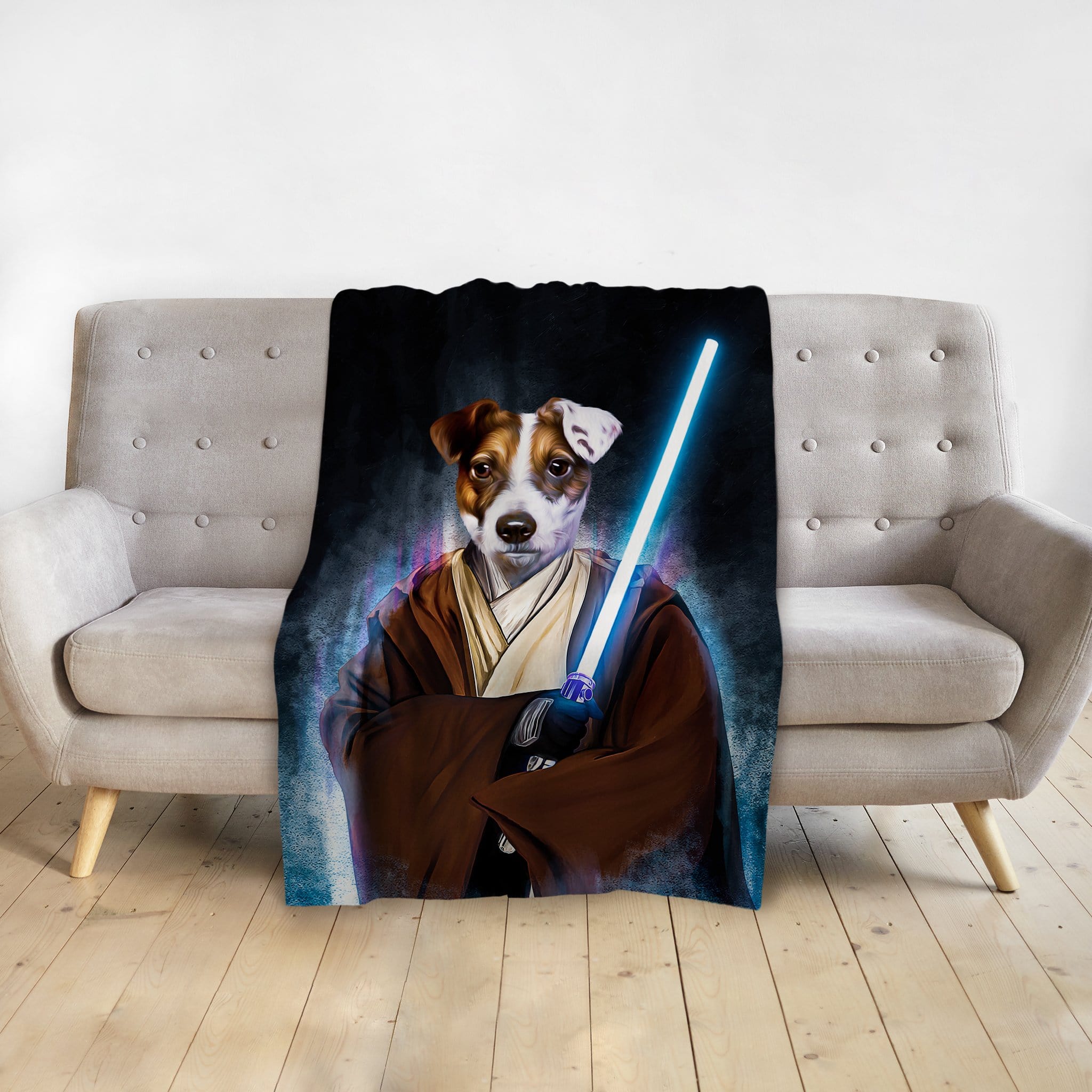 Personalized pet blanket with a Doggo-Jedi portrait of a dog holding a blue lightsaber.