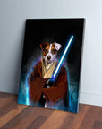 Personalized 'Doggo-Jedi' pet canvas featuring a Jack Russell terrier in a brown robe holding a blue lightsaber.