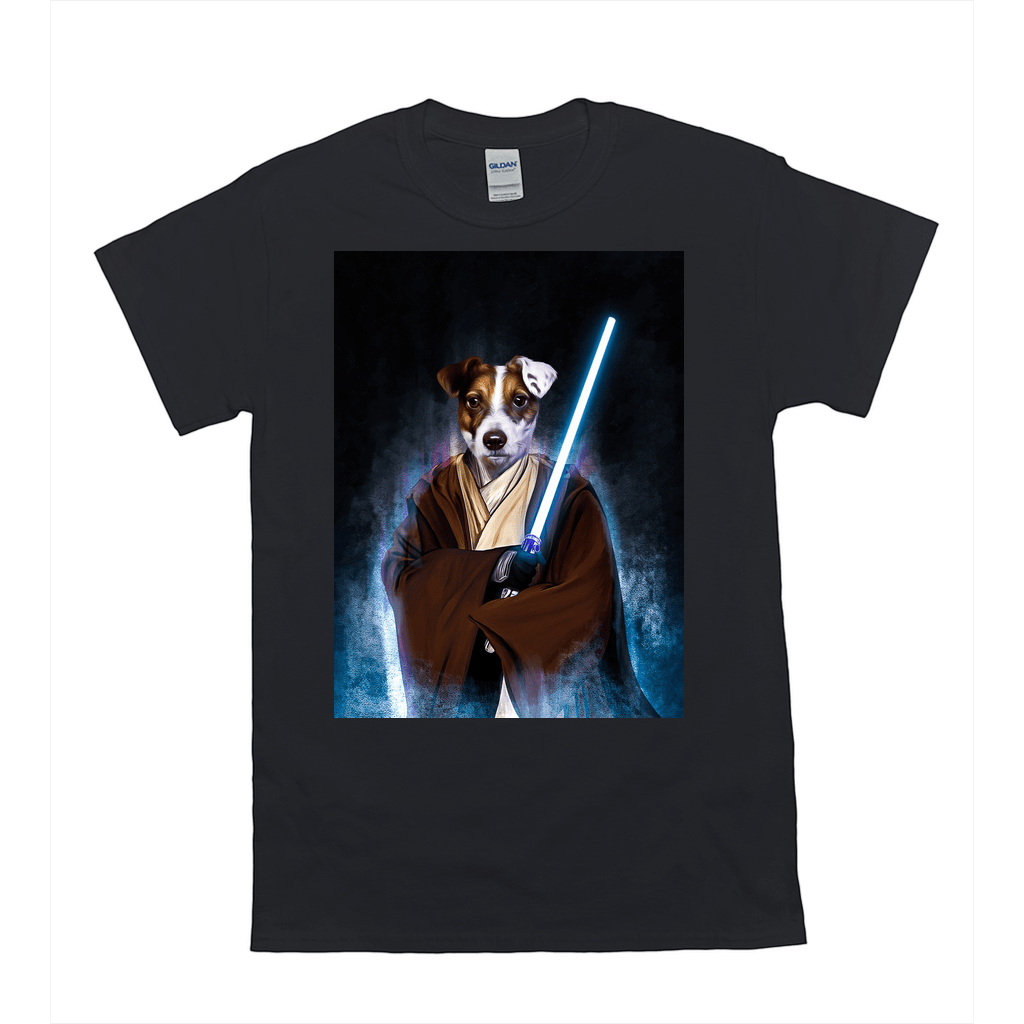 Black Gildan t-shirt featuring a personalized "Doggo-Jedi" design with a dog holding a blue lightsaber.